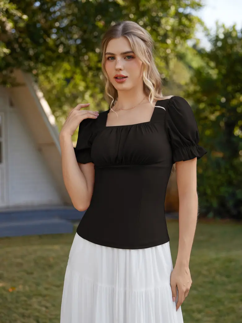 Victorian Pleated Ruched Slim Fit Short Sleeve Tops - Image 4
