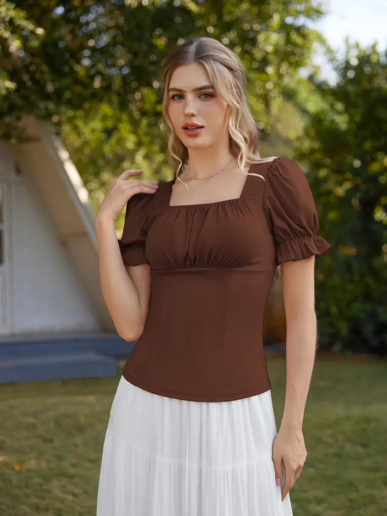 Victorian Pleated Ruched Slim Fit Short Sleeve Tops - Image 44