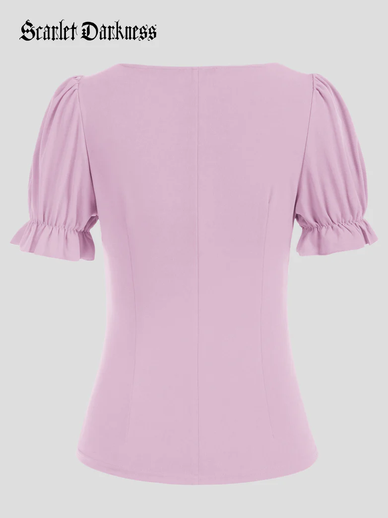 Victorian Pleated Ruched Slim Fit Short Sleeve Tops - Image 51