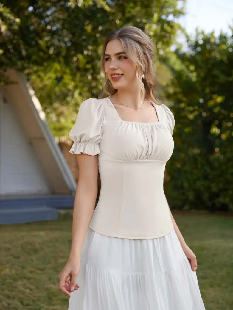 Victorian Pleated Ruched Slim Fit Short Sleeve Tops - Image 7