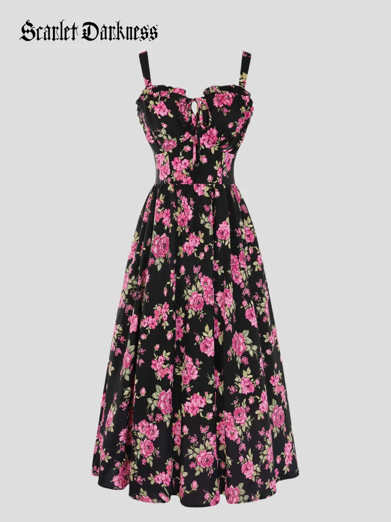 2026 Floral Corset Dress Long Milkmaid Dress with Pocket