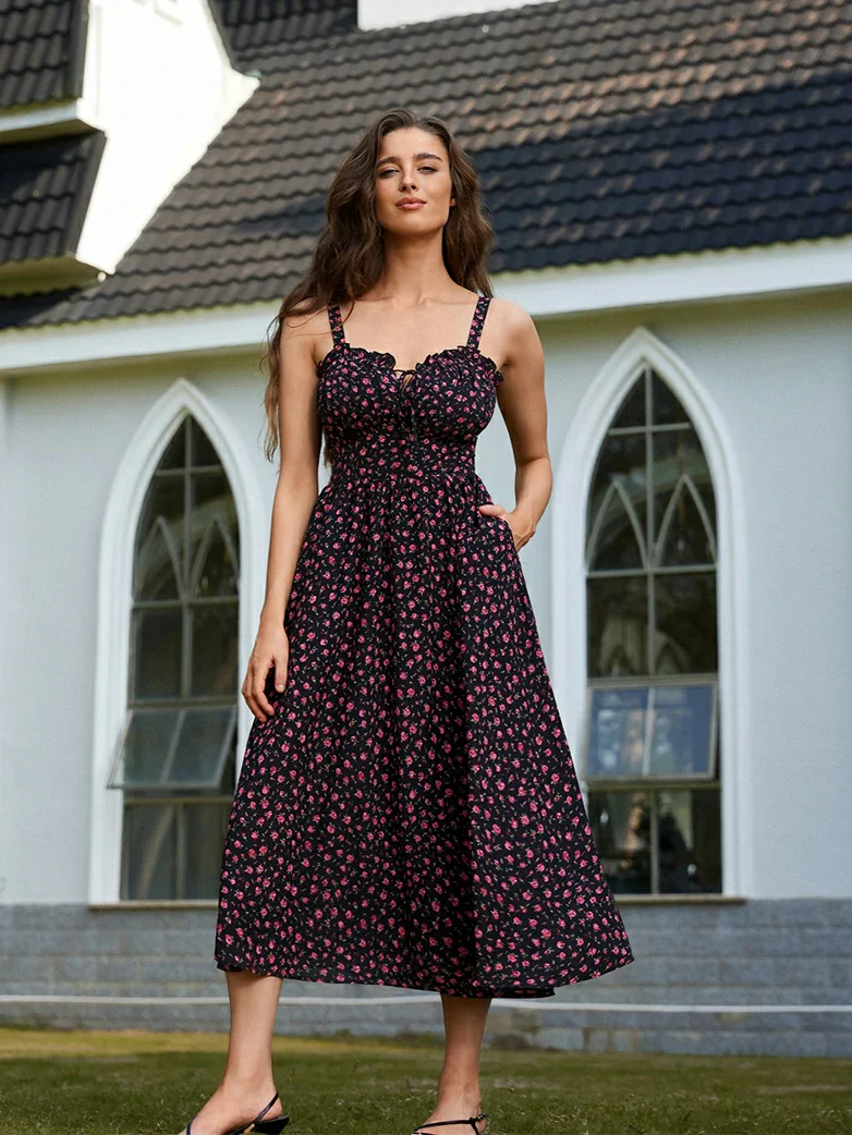 2026 Floral Corset Dress Long Milkmaid Dress with Pocket - Image 24