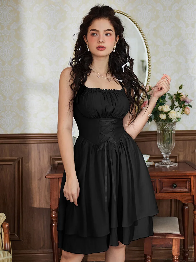 Women Dual-Layer Hem Spaghetti Straps Ballet Dress - Image 3