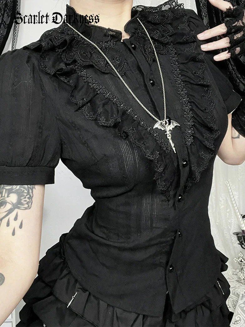 Women Gothic Jacquard Textured Short-sleeved Shirt