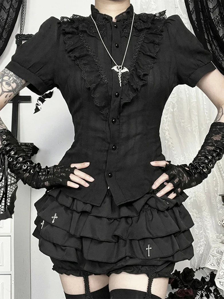 Women Gothic Jacquard Textured Short-sleeved Shirt - Image 2