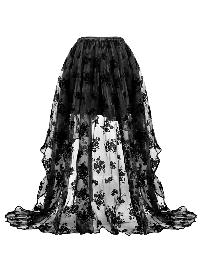 Gothic Black Mesh Flock Printed Wedding Skirt - Image 3