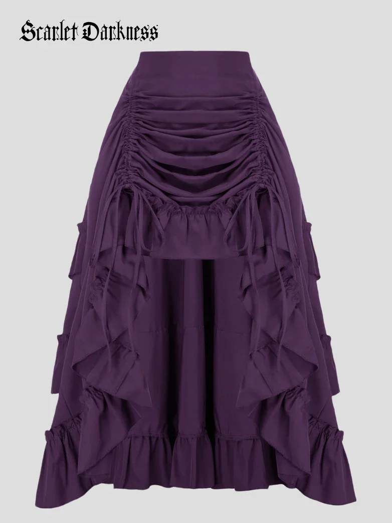 Length Adjustable Elastic Waist Ruffle Cake Maxi Skirt - Image 48