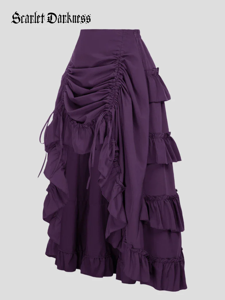 Length Adjustable Elastic Waist Ruffle Cake Maxi Skirt - Image 49