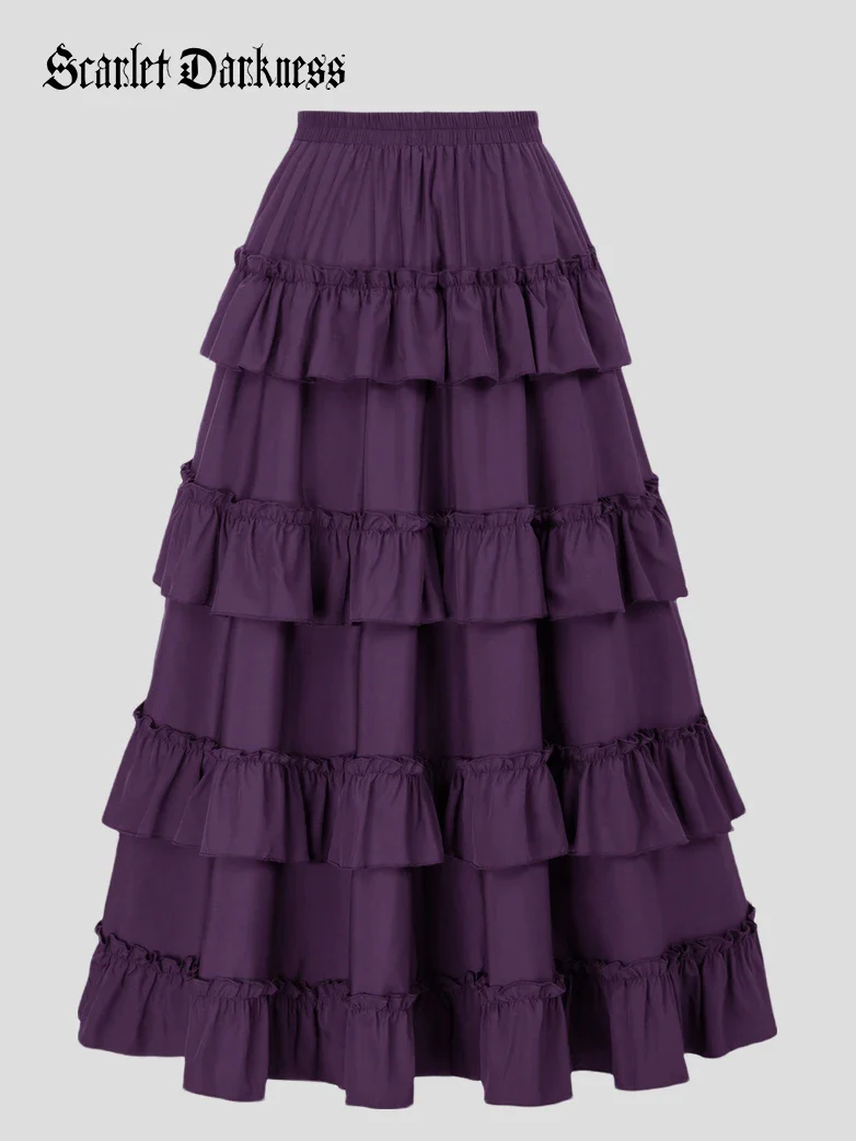 Length Adjustable Elastic Waist Ruffle Cake Maxi Skirt - Image 50