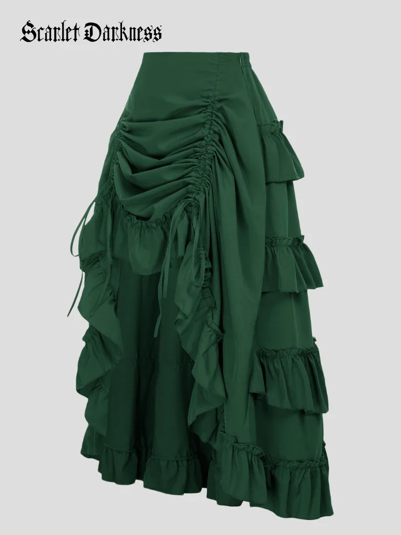 Length Adjustable Elastic Waist Ruffle Cake Maxi Skirt - Image 56