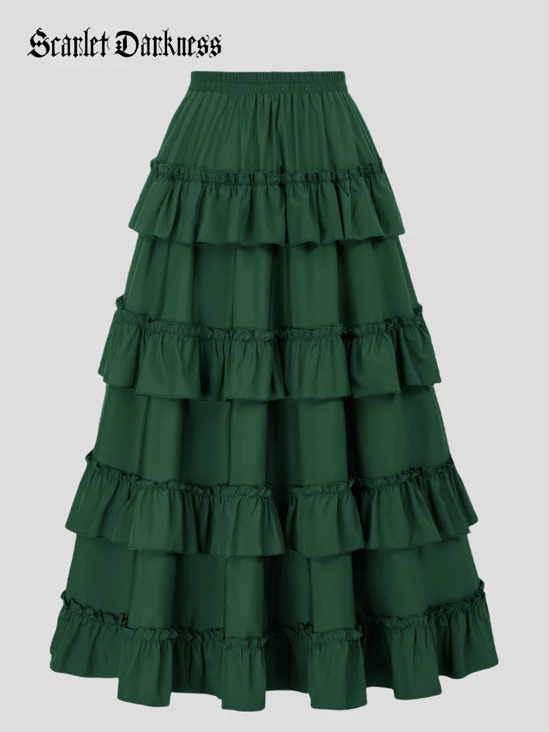 Length Adjustable Elastic Waist Ruffle Cake Maxi Skirt - Image 57