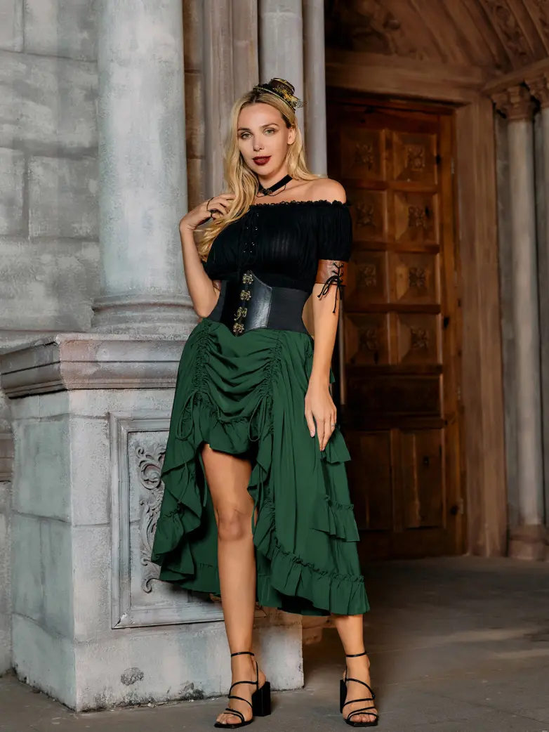 Length Adjustable Elastic Waist Ruffle Cake Maxi Skirt - Image 60