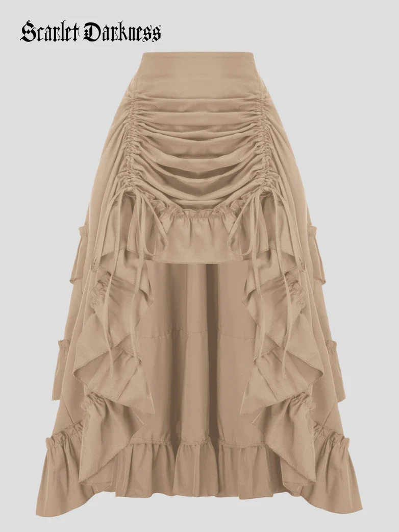 Length Adjustable Elastic Waist Ruffle Cake Maxi Skirt - Image 88