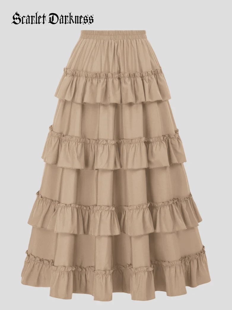 Length Adjustable Elastic Waist Ruffle Cake Maxi Skirt - Image 89
