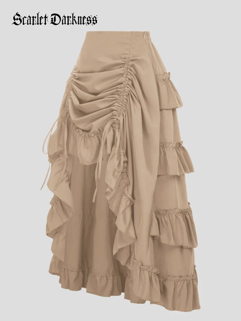 Length Adjustable Elastic Waist Ruffle Cake Maxi Skirt - Image 90