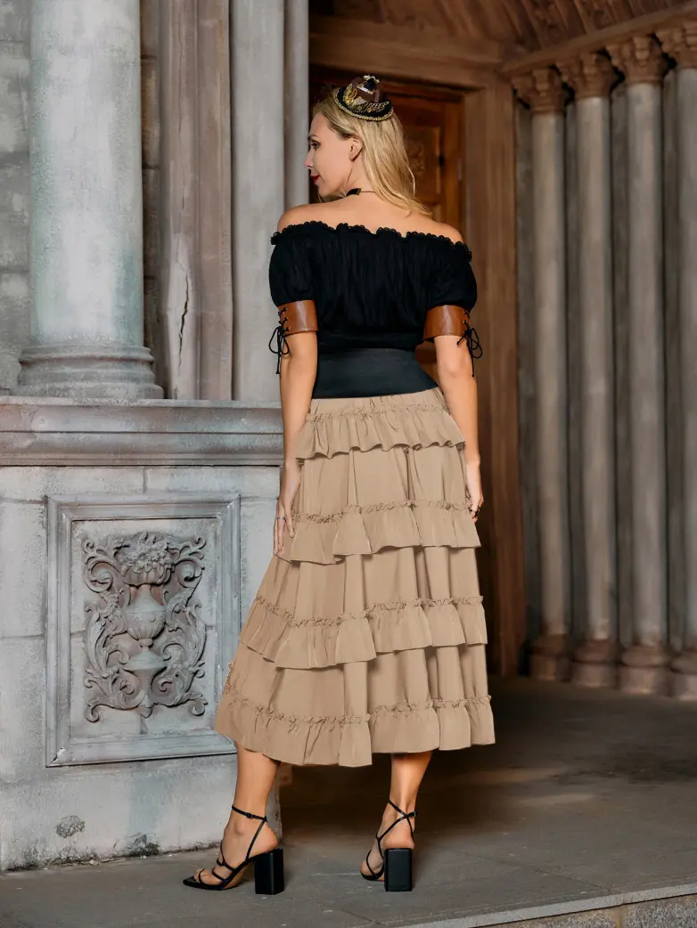 Length Adjustable Elastic Waist Ruffle Cake Maxi Skirt - Image 94