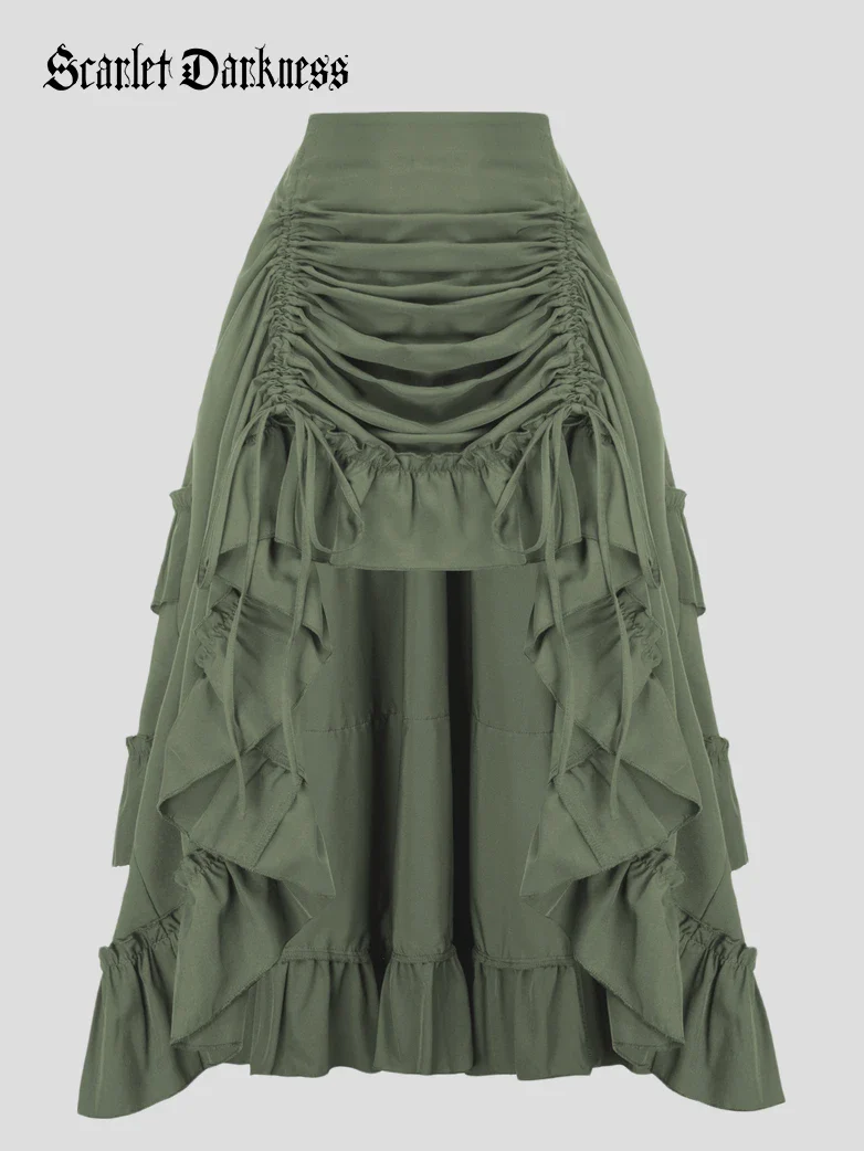 Length Adjustable Elastic Waist Ruffle Cake Maxi Skirt - Image 71