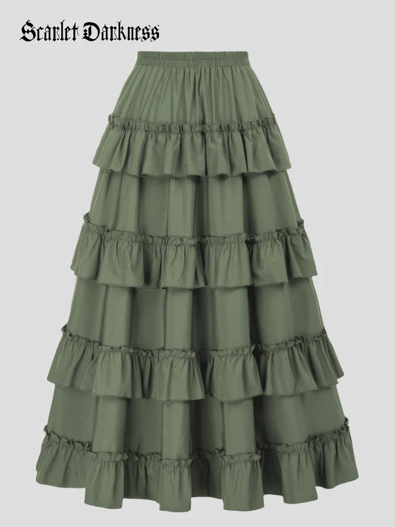 Length Adjustable Elastic Waist Ruffle Cake Maxi Skirt - Image 73