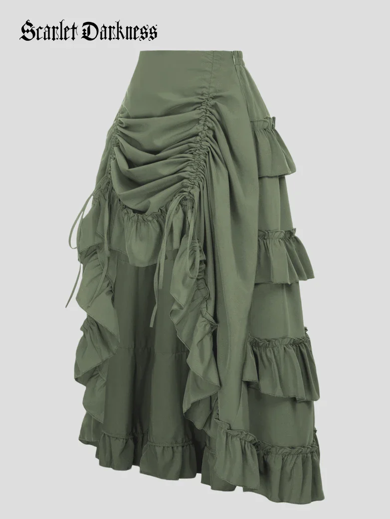 Length Adjustable Elastic Waist Ruffle Cake Maxi Skirt - Image 72