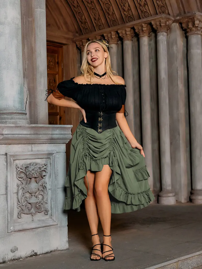 Length Adjustable Elastic Waist Ruffle Cake Maxi Skirt - Image 76