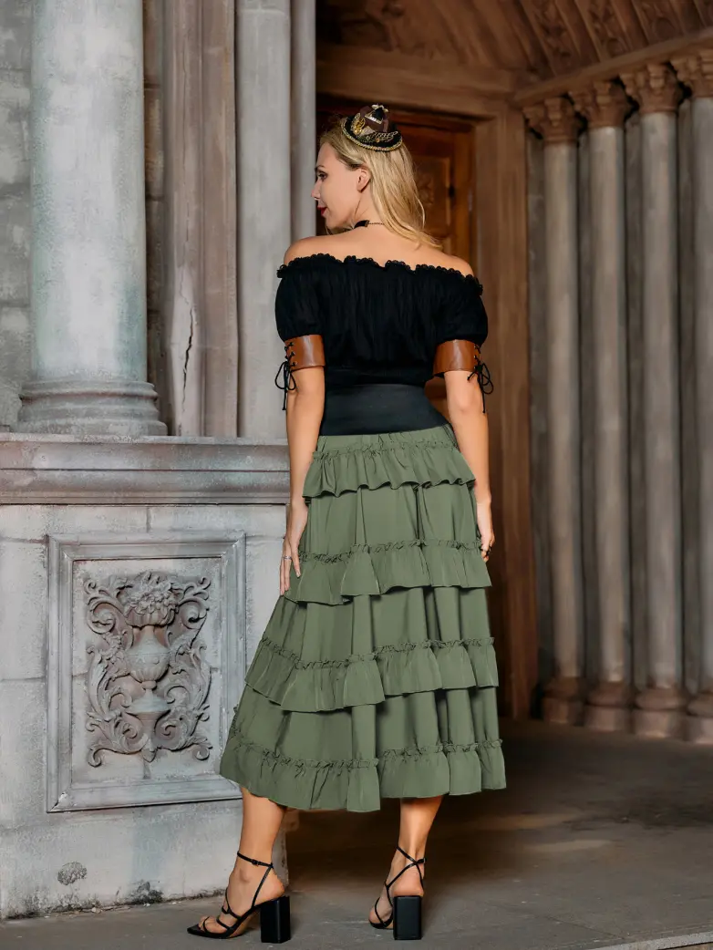 Length Adjustable Elastic Waist Ruffle Cake Maxi Skirt - Image 75