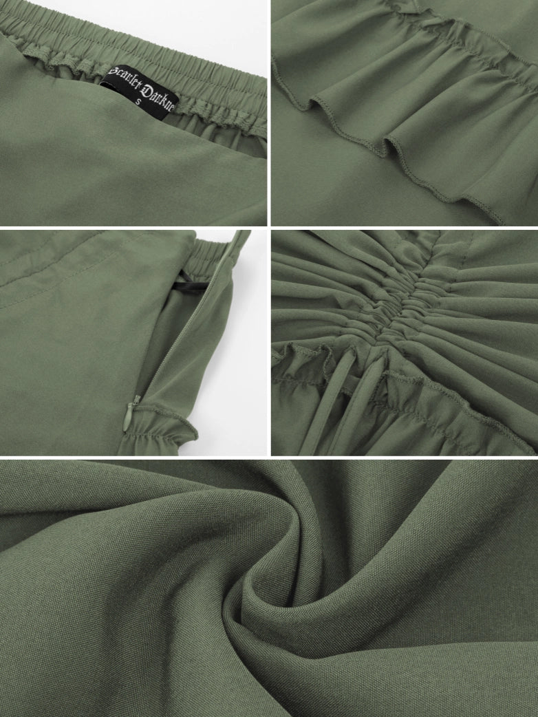 Length Adjustable Elastic Waist Ruffle Cake Maxi Skirt - Image 79