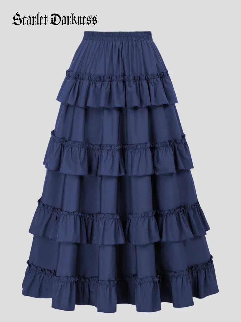 Length Adjustable Elastic Waist Ruffle Cake Maxi Skirt - Image 82