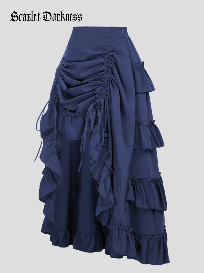 Length Adjustable Elastic Waist Ruffle Cake Maxi Skirt - Image 81