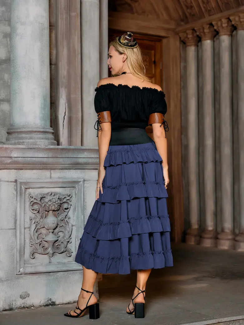 Length Adjustable Elastic Waist Ruffle Cake Maxi Skirt - Image 85