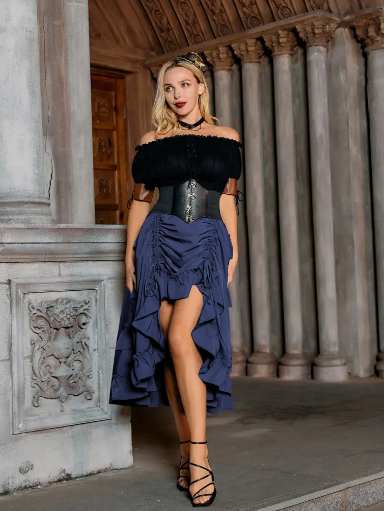 Length Adjustable Elastic Waist Ruffle Cake Maxi Skirt - Image 86