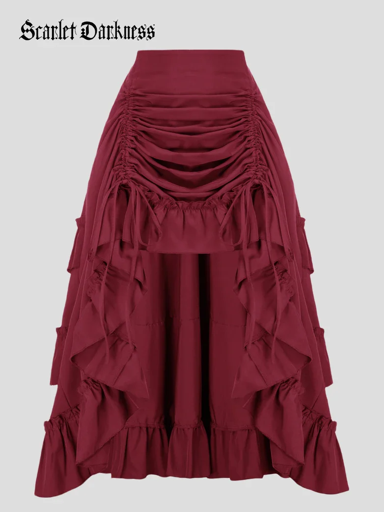 Length Adjustable Elastic Waist Ruffle Cake Maxi Skirt - Image 62