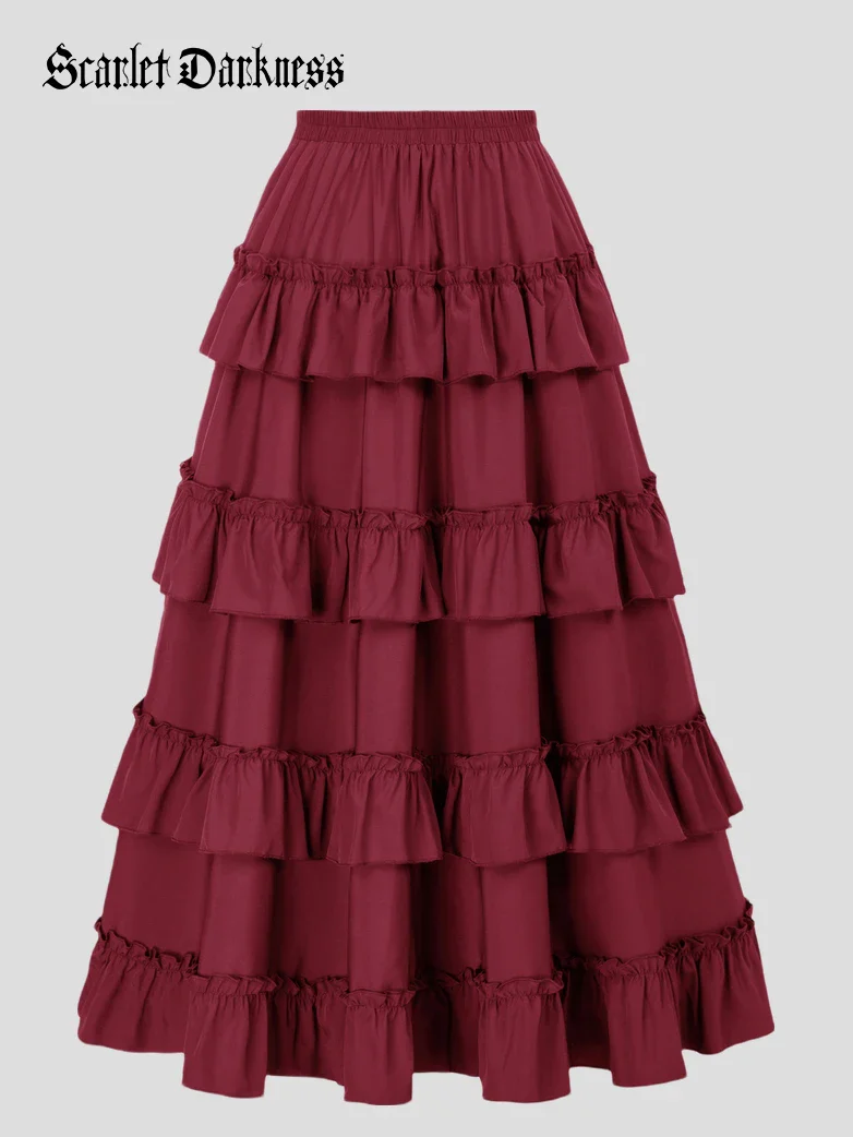 Length Adjustable Elastic Waist Ruffle Cake Maxi Skirt - Image 63