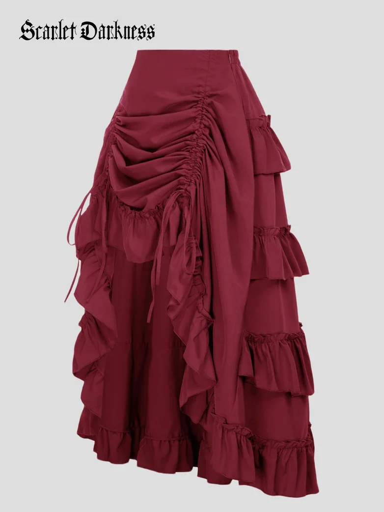 Length Adjustable Elastic Waist Ruffle Cake Maxi Skirt - Image 64