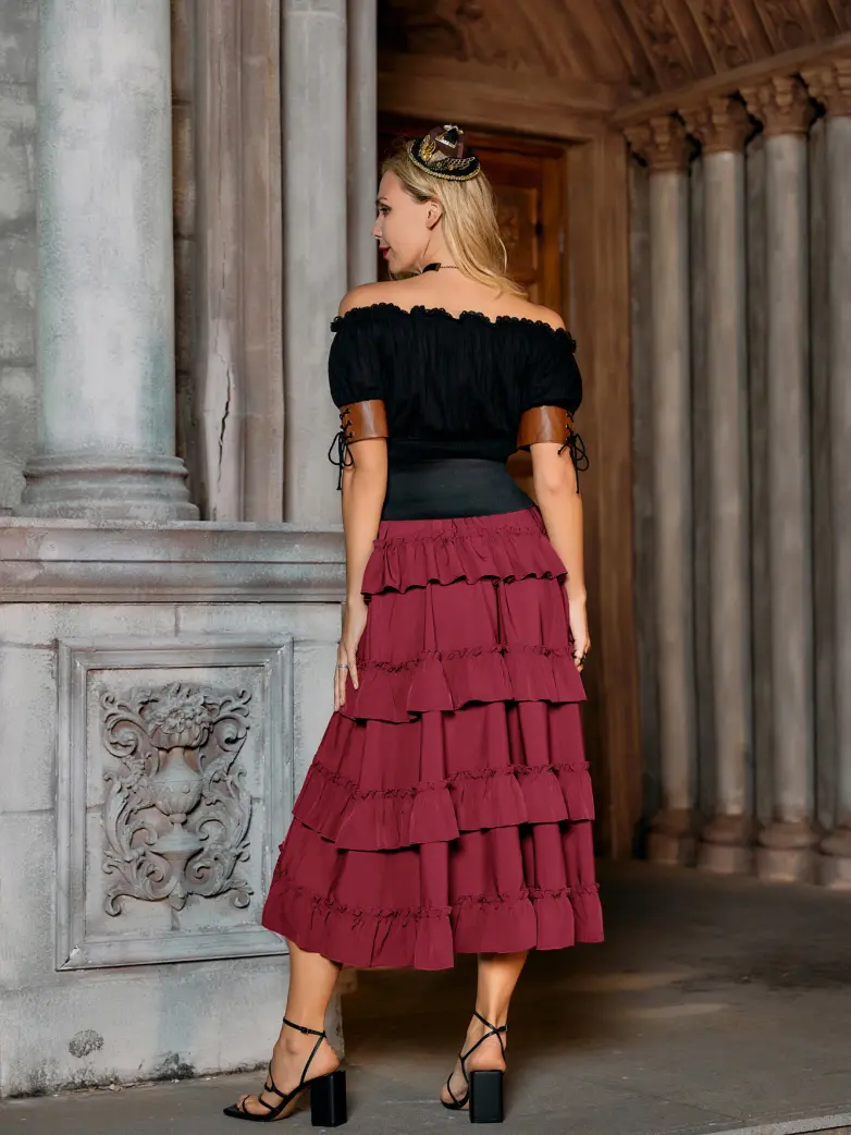 Length Adjustable Elastic Waist Ruffle Cake Maxi Skirt - Image 69