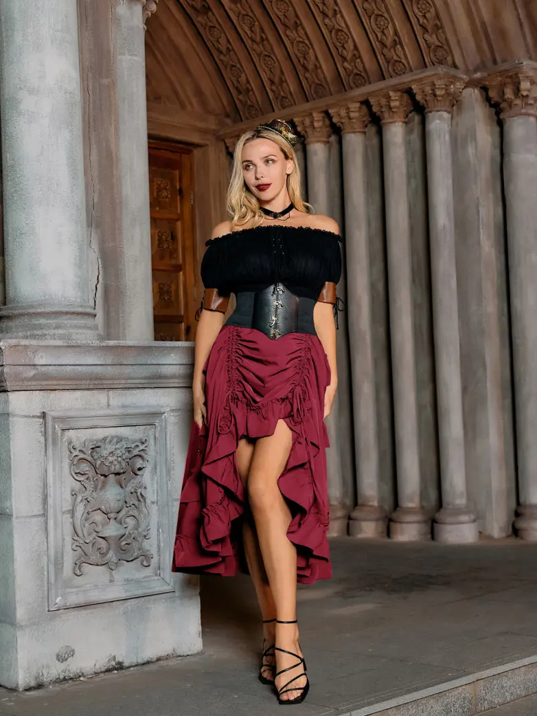 Length Adjustable Elastic Waist Ruffle Cake Maxi Skirt - Image 67