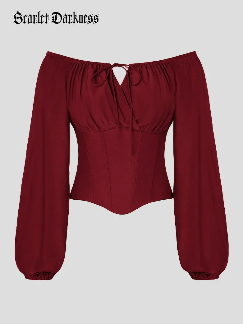 Off Shoulder Long Sleeve Boned Waist Corset Tops