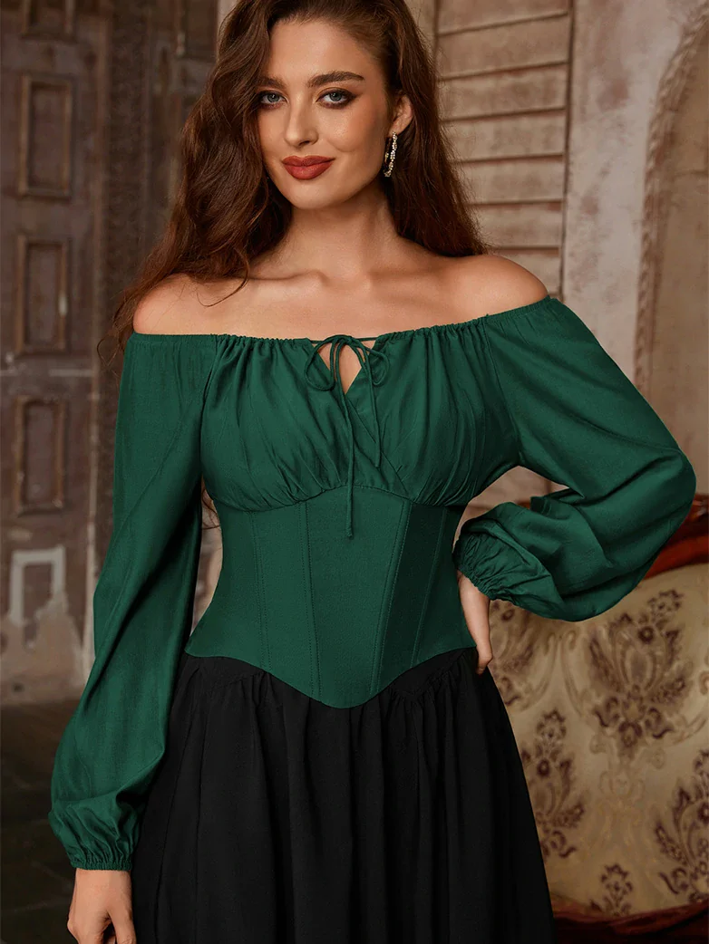 Off Shoulder Long Sleeve Boned Waist Corset Tops - Image 10