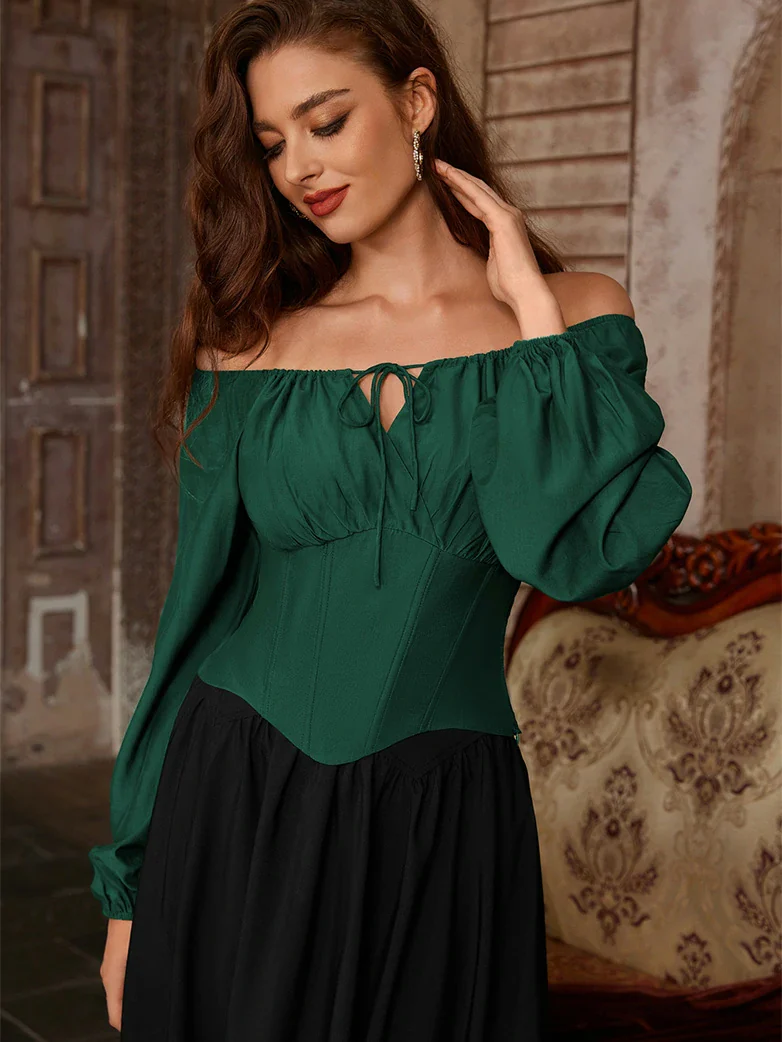 Off Shoulder Long Sleeve Boned Waist Corset Tops - Image 11