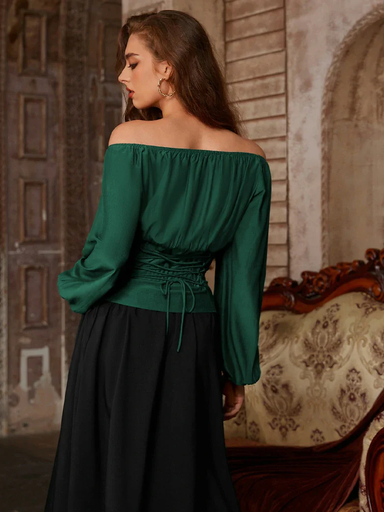 Off Shoulder Long Sleeve Boned Waist Corset Tops - Image 13