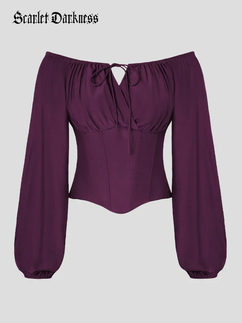 Off Shoulder Long Sleeve Boned Waist Corset Tops - Image 15