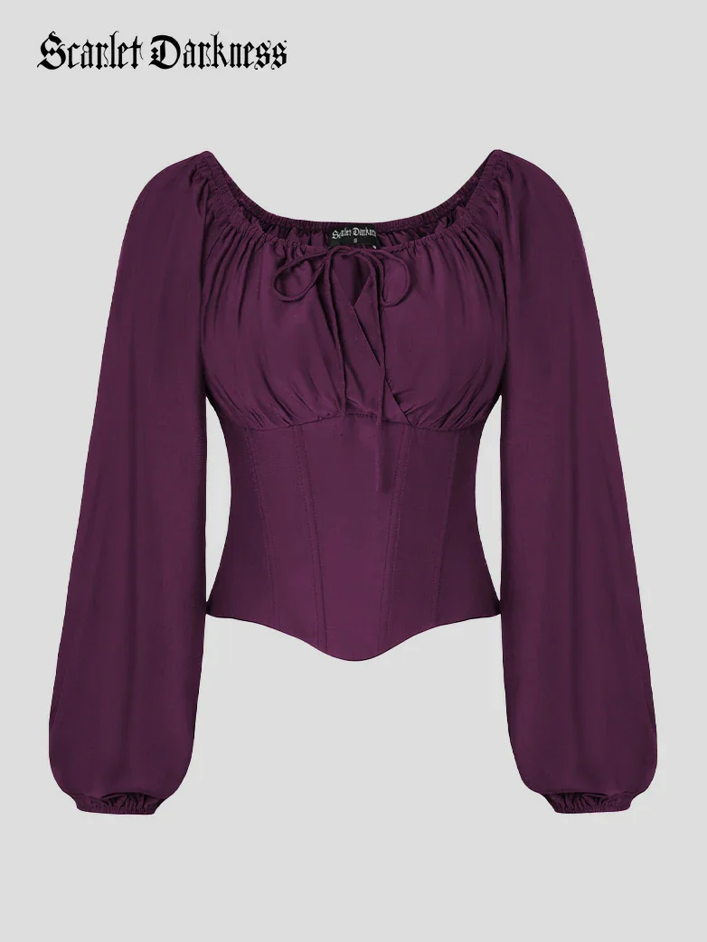 Off Shoulder Long Sleeve Boned Waist Corset Tops - Image 16