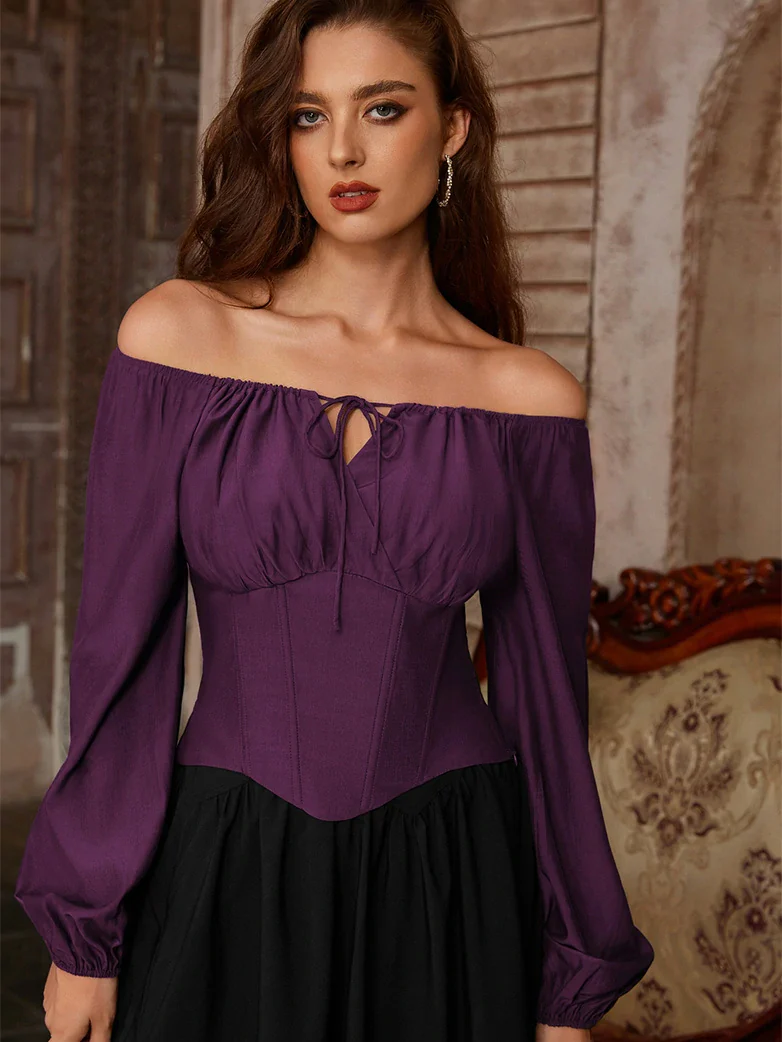 Off Shoulder Long Sleeve Boned Waist Corset Tops - Image 17