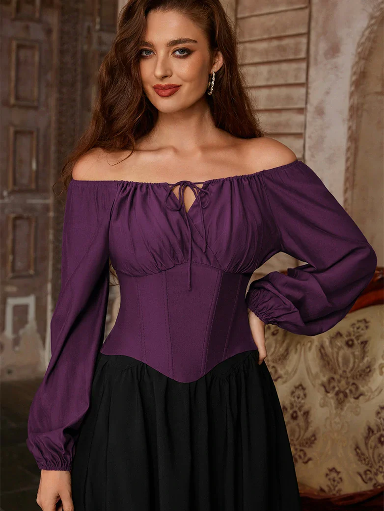 Off Shoulder Long Sleeve Boned Waist Corset Tops - Image 18