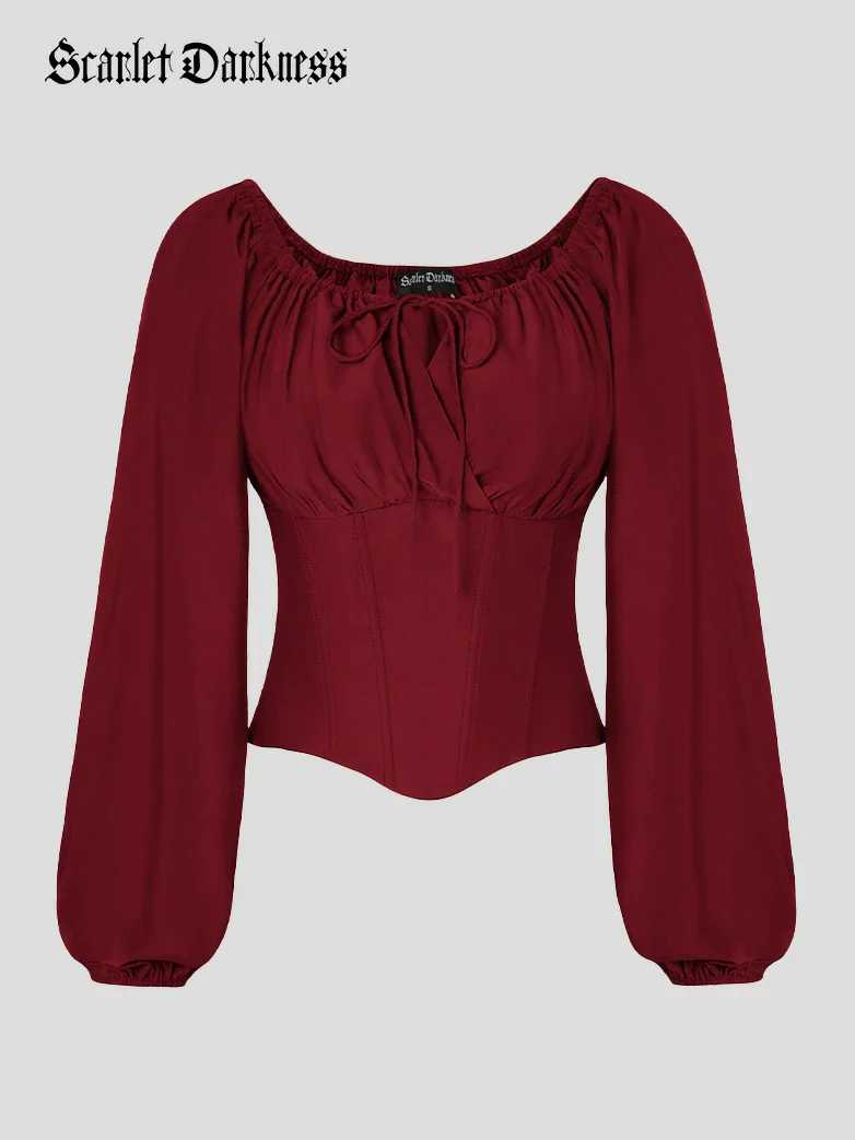 Off Shoulder Long Sleeve Boned Waist Corset Tops - Image 2