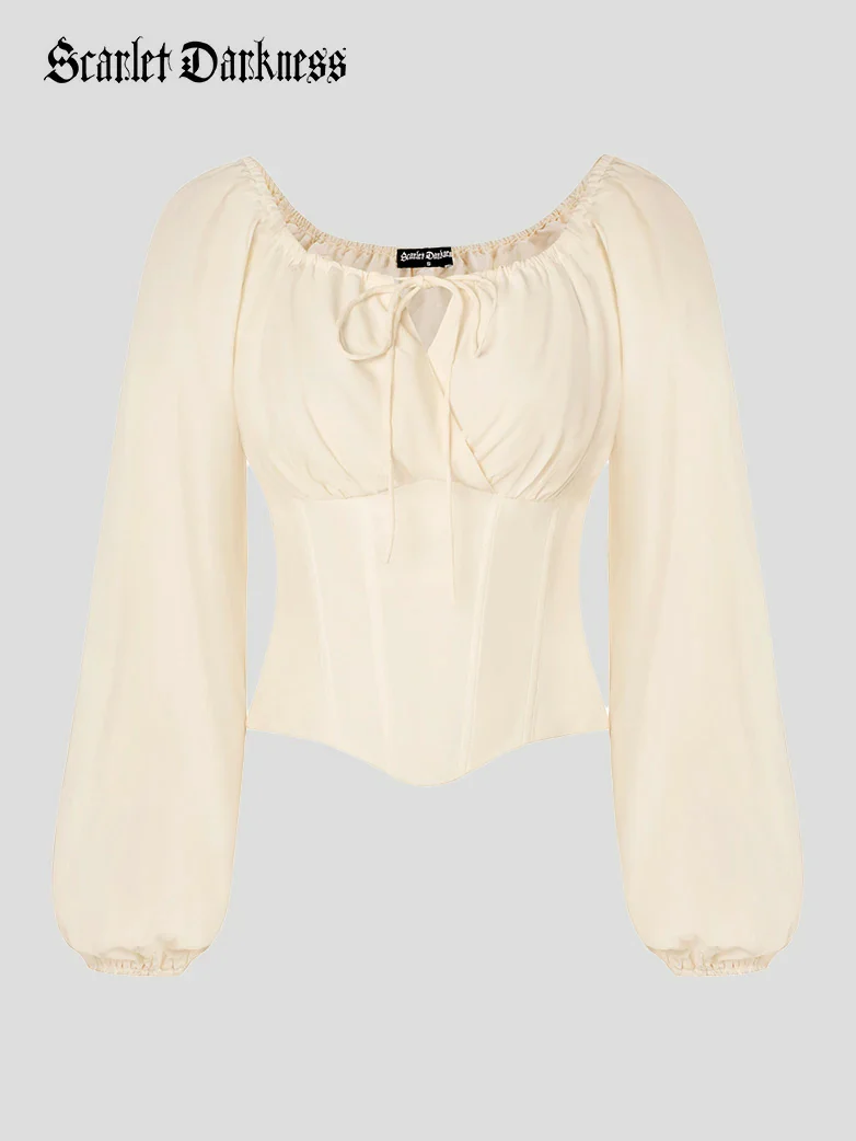 Off Shoulder Long Sleeve Boned Waist Corset Tops - Image 22