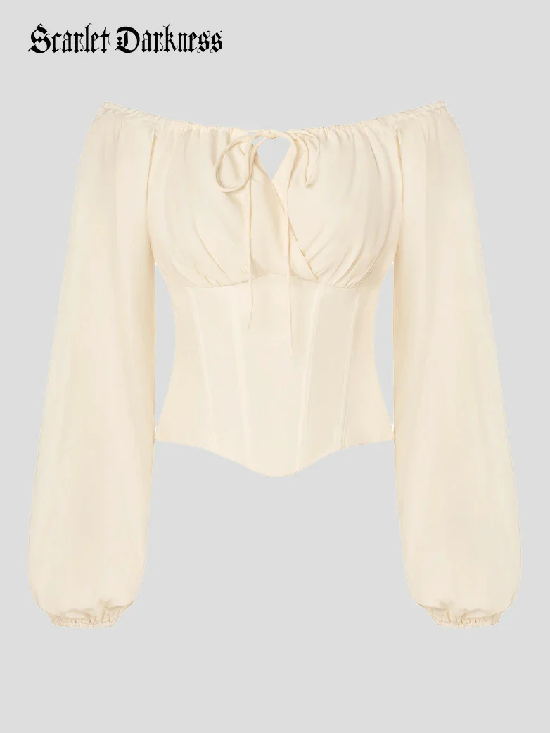 Off Shoulder Long Sleeve Boned Waist Corset Tops - Image 23