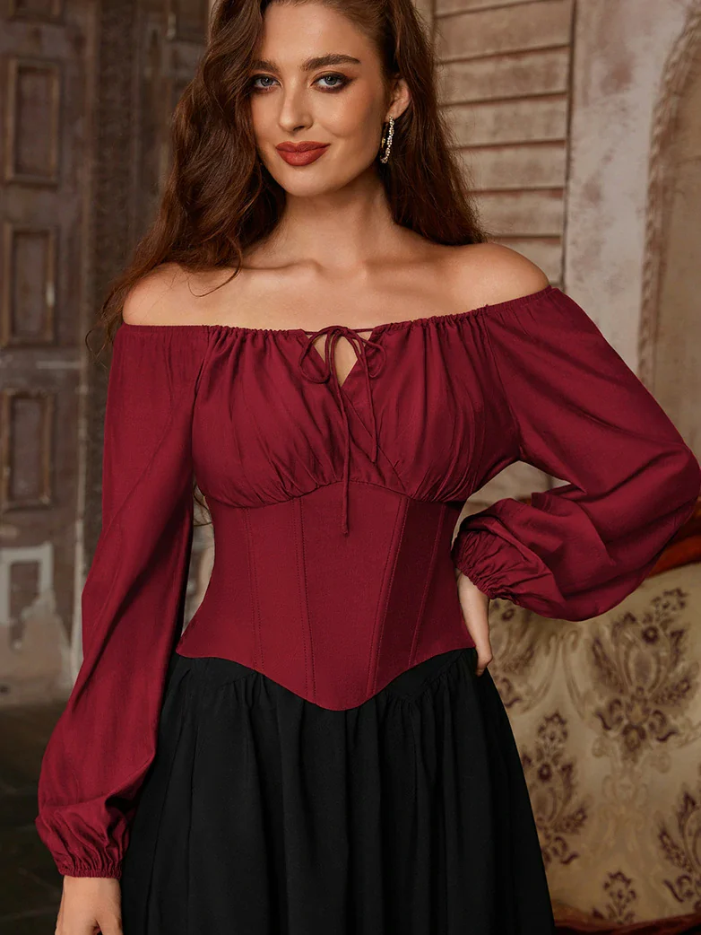 Off Shoulder Long Sleeve Boned Waist Corset Tops - Image 3
