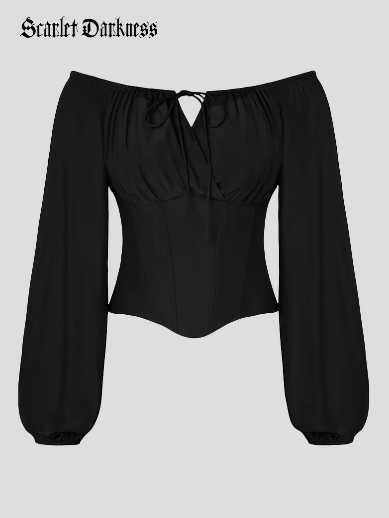 Off Shoulder Long Sleeve Boned Waist Corset Tops - Image 31