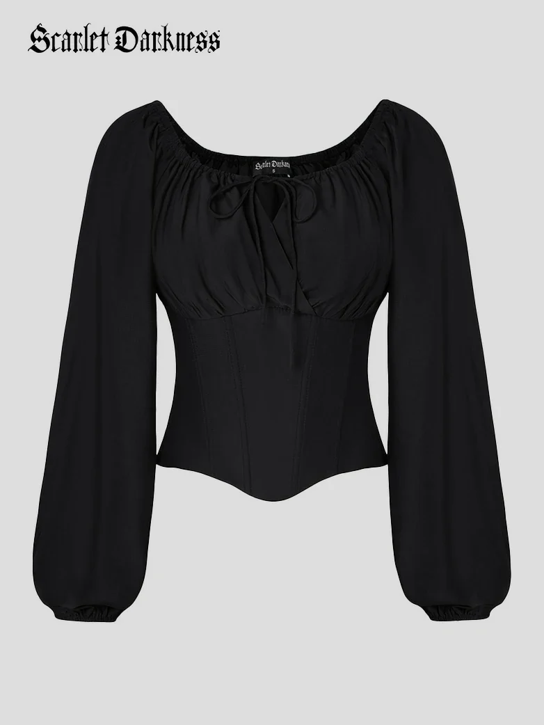 Off Shoulder Long Sleeve Boned Waist Corset Tops - Image 32