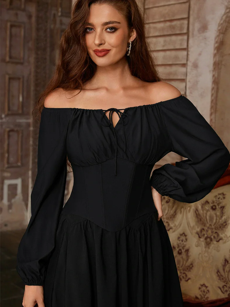 Off Shoulder Long Sleeve Boned Waist Corset Tops - Image 33